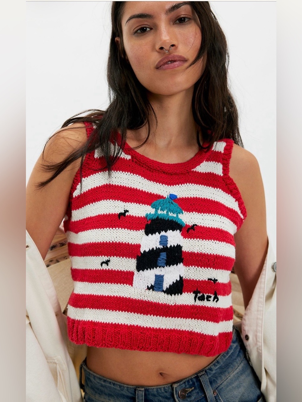 Free People Tach Ankla Knit Top 💯Cotton Hand Embroidered